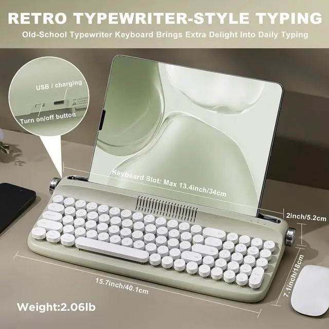 Alt view image 2 of 7 - YUNZII Upgraded Wireless Keyboard, Retro Typewriter Style with Integrated Stand, USB-C/Bluetooth with Cute Round Keycaps for Multi Device for Win/Mac (B309, Sweet Mint)