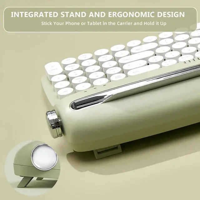 Alt view image 4 of 7 - YUNZII Upgraded Wireless Keyboard, Retro Typewriter Style with Integrated Stand, USB-C/Bluetooth with Cute Round Keycaps for Multi Device for Win/Mac (B309, Sweet Mint)