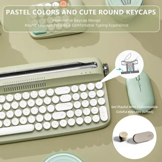 Alt view image 5 of 7 - YUNZII Upgraded Wireless Keyboard, Retro Typewriter Style with Integrated Stand, USB-C/Bluetooth with Cute Round Keycaps for Multi Device for Win/Mac (B309, Sweet Mint)