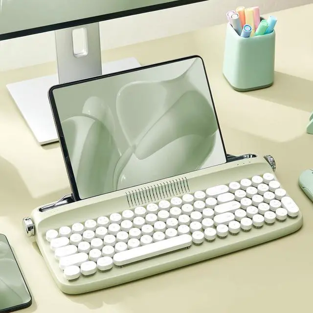 Alt view image 6 of 7 - YUNZII Upgraded Wireless Keyboard, Retro Typewriter Style with Integrated Stand, USB-C/Bluetooth with Cute Round Keycaps for Multi Device for Win/Mac (B309, Sweet Mint)