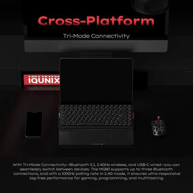 Alt view image 6 of 7 - IQUNIX MQ80 Low Profile Mechanical Keyboard for Work and Gaming Tri Mode Wireless Wired CNC Aluminum Hot Swappable RGB Backlit Long Battery Life VIA Support (Black)