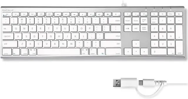 Main image of Macally USB C Keyboard (Upgraded) - Dual USB A + C Plug - Wired Keyboard for Mac - Ultra Slim, 20 Shortcuts, 110 Scissor Keys - for MacBook Pro/Air, Mac Mini, iMac, iPad - Silver