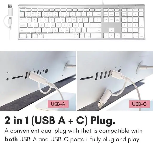 Alt view image 2 of 7 - Macally USB C Keyboard (Upgraded) - Dual USB A + C Plug - Wired Keyboard for Mac - Ultra Slim, 20 Shortcuts, 110 Scissor Keys - for MacBook Pro/Air, Mac Mini, iMac, iPad - Silver