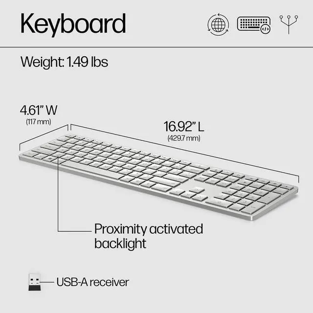 Alt view image 3 of 6 - HP 970 Programmable Wireless Keyboard (Silver) - Bluetooth & 2.4 GHz Wireless Multi-Device Connectivity - USB-C Rechargeable Battery - 24 Programmable Keys - Works with Windows & MacOS (3Z729AA#ABA)