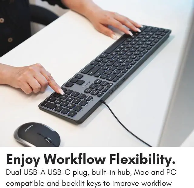 Alt view image 2 of 7 - Macally Wired Keyboard for Mac with USB Hub (2X USB-A / 1x USB-C) - Compatible Backlit Apple Keyboard with Dual Interface - Auto OS Detection for Mac, MacBook Pro/Air, iMac, PC, Android, iPad, iOS