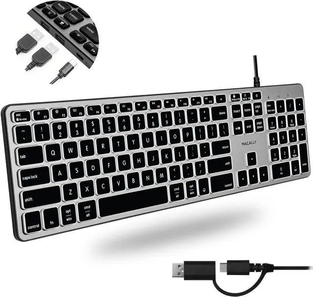 Main image of Macally Wired Keyboard for Mac with USB Hub (2X USB-A / 1x USB-C) - Compatible Backlit Apple Keyboard with Dual Interface - Auto OS Detection for Mac, MacBook Pro/Air, iMac, PC, Android, iPad, iOS