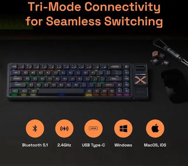 Alt view image 7 of 7 - IQUNIX Magi65 Low Profile Mechanical Keyboard Wireless 65% Keyboard Ultra Slim for Creamy Typing, Hot Swappable, RGB Backlit, PBT Keycaps, Aluminum Case, BT/2.4G/USB-C, for Mac/Windows (Shadow Black)
