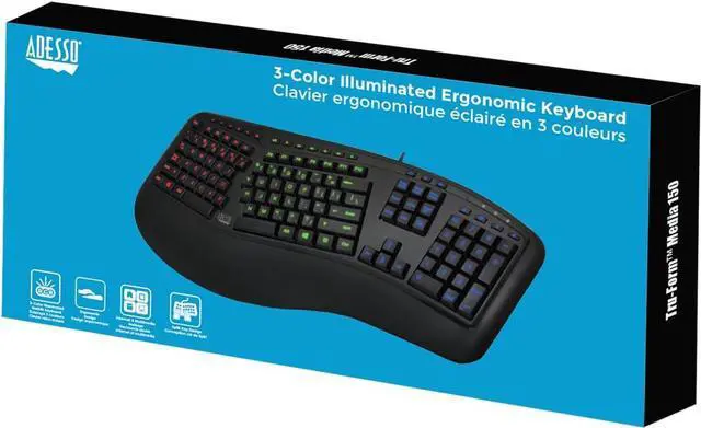 Alt view image 6 of 6 - Adesso Tru-Form 150 3-Color Illuminated USB Ergonomic Keyboard AKB-150EB