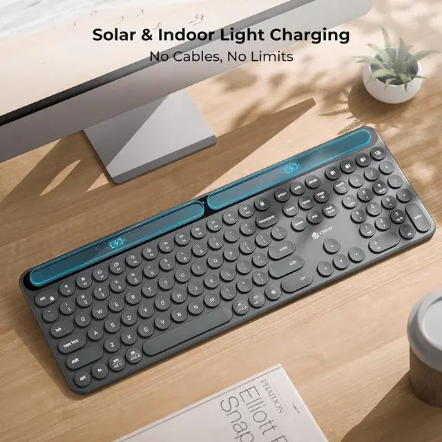 Alt view image 2 of 7 - iClever Solar Bluetooth Keyboard, Wireless Keyboard with Solar & Indoor Light Charging, Full Size, 3-Device Connectivity, Silent Scissor Round Keys, Numeric Keypad for Office/Home/Mac/Windows