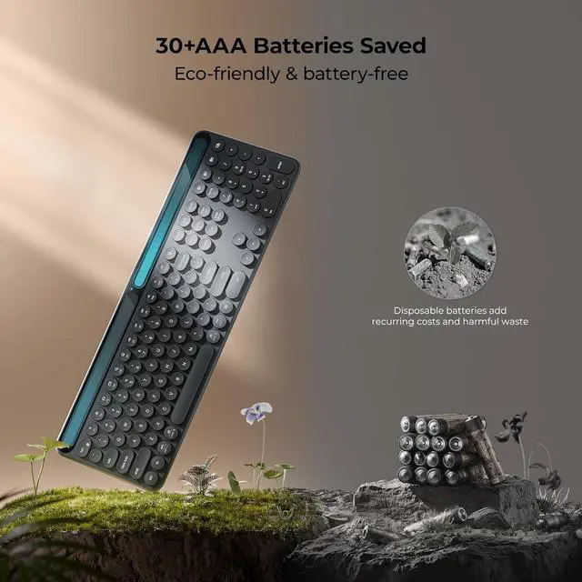 Alt view image 3 of 7 - iClever Solar Bluetooth Keyboard, Wireless Keyboard with Solar & Indoor Light Charging, Full Size, 3-Device Connectivity, Silent Scissor Round Keys, Numeric Keypad for Office/Home/Mac/Windows