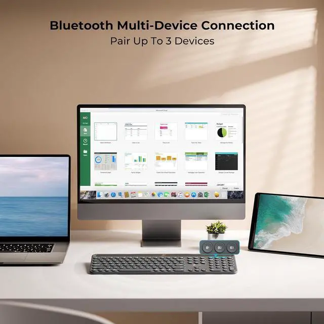 Alt view image 4 of 7 - iClever Solar Bluetooth Keyboard, Wireless Keyboard with Solar & Indoor Light Charging, Full Size, 3-Device Connectivity, Silent Scissor Round Keys, Numeric Keypad for Office/Home/Mac/Windows