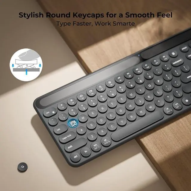 Alt view image 6 of 7 - iClever Solar Bluetooth Keyboard, Wireless Keyboard with Solar & Indoor Light Charging, Full Size, 3-Device Connectivity, Silent Scissor Round Keys, Numeric Keypad for Office/Home/Mac/Windows