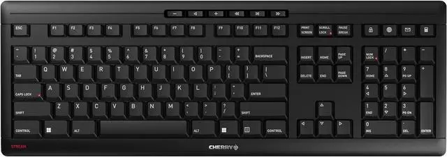 Main image of Cherry Stream Wireless Keyboard with SX Scissors Mechanism, Slim Yet Full Size QWERTY Ergo Friendly with Number Pad, Thin Design with Quiet keystroke for use at Home Office or Work. Black
