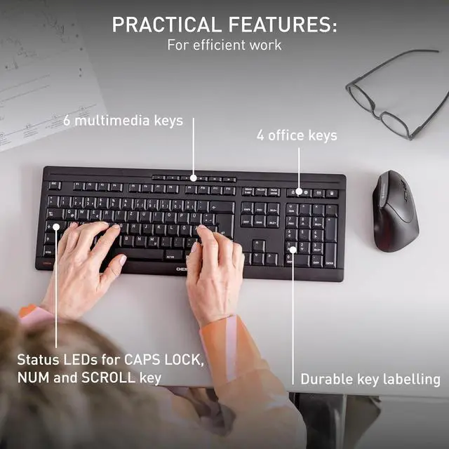 Alt view image 6 of 7 - Cherry Stream Wireless Keyboard with SX Scissors Mechanism, Slim Yet Full Size QWERTY Ergo Friendly with Number Pad, Thin Design with Quiet keystroke for use at Home Office or Work. Black