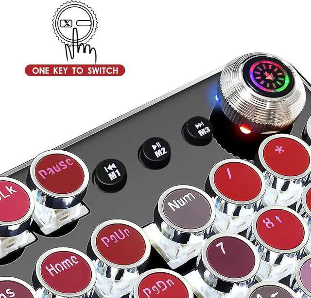 Alt view image 2 of 6 - Basaltech Typewriter Style with White LED Backlight,Vintage Mechanical Gaming Keyboards with Lipstick Round Keycaps, Blue Switches 104-Keys Wired Keyboard Metal Panel for Laptop/pc