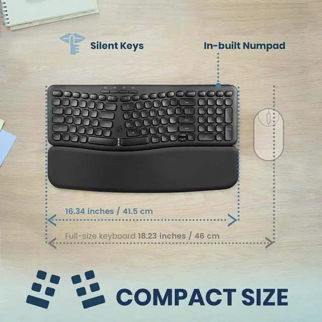 Alt view image 3 of 7 - Perixx PERIBOARD-636B US, Wireless Ergonomic Compact USB Keyboard - Wireless 2.4G Technology - Build-in Number Pad - Detachable Wrist Rest - - Silent Typing - Black