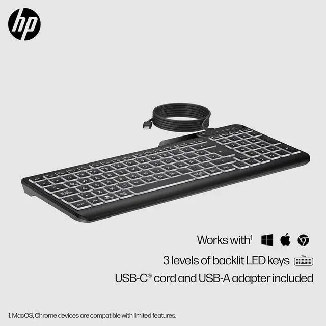 Alt view image 2 of 7 - HP 400 Backlit Wired Keyboard (Ash Wired) - Warm White LED Illuminated Keys w/ 3 Brightness Levels - Slim & Portable Design - 12 Programmable Keys - Spill-Resistant, Sanitizable