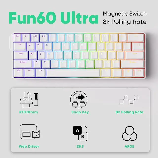 Alt view image 2 of 7 - FUN60 Ultra Rapid Trigger Gaming Keyboard 8k Magnetic Switch TMR Aluminum Keyboard Multi-Modes White Shine-Through MagMech(Glare Magnetic Switch)