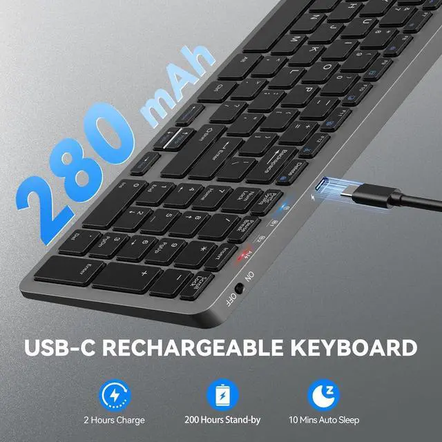 Alt view image 4 of 7 - TECKNET Wireless Bluetooth Keyboard, Ultra Slim Rechargeable 2.4G+BT Keyboard with Number Pad, Multi Devices Easy Switch, Low Profile Compact Keyboards for iPad, MacBook, Laptop, Computer, Tablet, PC