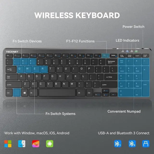 Alt view image 6 of 7 - TECKNET Wireless Bluetooth Keyboard, Ultra Slim Rechargeable 2.4G+BT Keyboard with Number Pad, Multi Devices Easy Switch, Low Profile Compact Keyboards for iPad, MacBook, Laptop, Computer, Tablet, PC
