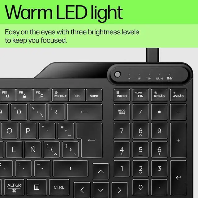 Alt view image 6 of 7 - HP 400 Backlit Wired Keyboard (Ash Wired) - Warm White LED Illuminated Keys w/ 3 Brightness Levels - Slim & Portable Design - 12 Programmable Keys - Spill-Resistant, Sanitizable