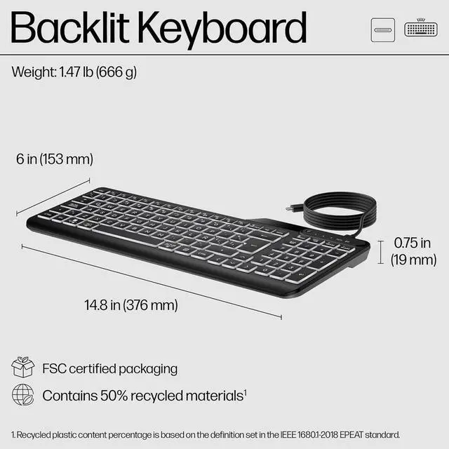 Alt view image 7 of 7 - HP 400 Backlit Wired Keyboard (Ash Wired) - Warm White LED Illuminated Keys w/ 3 Brightness Levels - Slim & Portable Design - 12 Programmable Keys - Spill-Resistant, Sanitizable