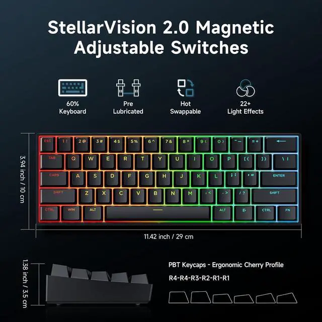 Alt view image 2 of 7 - Ace 60 PRO Gaming Keyboard 60 Percent, Hall Effect Keyboard Wired, Magnetic Switch Keyboards Rapid Trigger, 8K Polling Rate, Adjustable Actuation Point, RGB Lighting, HotSwap, Black