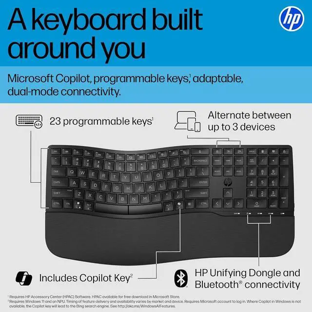 Alt view image 2 of 7 - HP 680 Comfort Dual-Mode Keyboard, Microsoft Copilot, Adjustable, HP Unifying Dongle, 2.4G Bluetooth, Black, 8T6L8AA (2025)