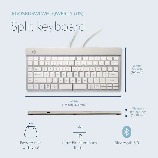 Alt view image 3 of 7 - R-Go Split Keyboard, Scissors Mechanism, Anti Carpal Tunnel, 2 Part Ergonomic Design with Break Software, Ultra-Thin, QWERTY (US) Layout, Bluetooth 5.0, Compatible with Windows/MacOS, White