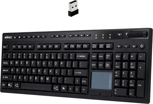 Main image of ADESSO Wireless Keyboard with Touchpad 104 Key Full Size USB Dongle Receiver Multi OS Support Works with MacOs System & Multimedia Hotkeys Volume Control with Scroll Wheel WKB-4450UB