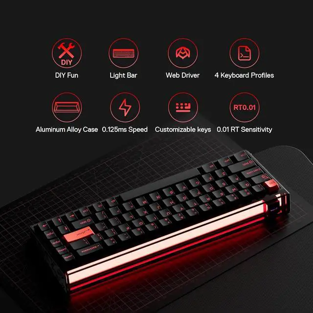 Alt view image 3 of 7 - MelGeek MADE68 Ultra Wired Keyboard, Hall Effect Magnetic Switch Gaming Keyboard, 65% Compact Rapid Trigger, Hot-Swappable, RGB Snap Tap & Adjustable Actuation, Online HIVE Custom, Aluminum Case-Red