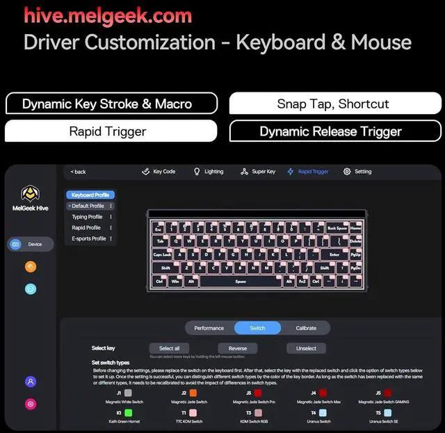 Alt view image 6 of 7 - MelGeek MADE68 Ultra Wired Keyboard, Hall Effect Magnetic Switch Gaming Keyboard, 65% Compact Rapid Trigger, Hot-Swappable, RGB Snap Tap & Adjustable Actuation, Online HIVE Custom, Aluminum Case-Red