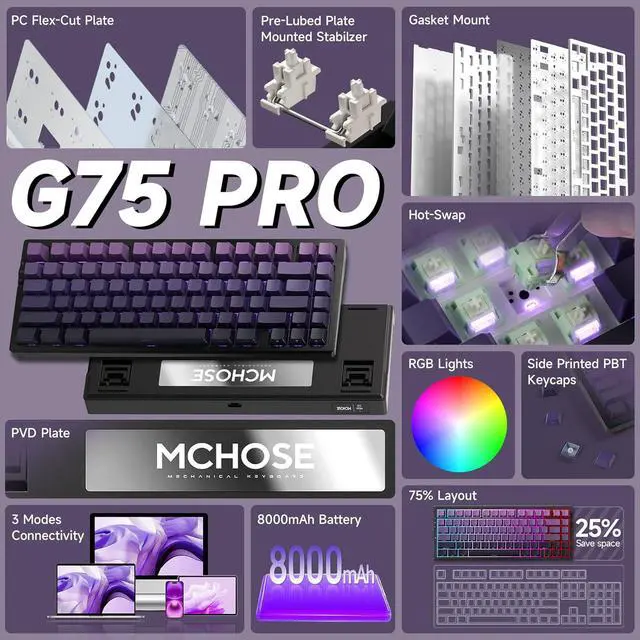 Alt view image 3 of 7 - G75 PRO 75% Wireless Mechanical Keyboard, TKL Keyboards Tri-Mode BT5.0/2.4GHz/USB-C, Hot Swap Custom Creamy Keyboards Linear Switch, Double Shot PBT Keycaps RGB LED Backlit, Black&Purple