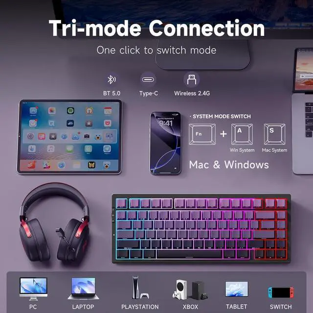Alt view image 4 of 7 - G75 PRO 75% Wireless Mechanical Keyboard, TKL Keyboards Tri-Mode BT5.0/2.4GHz/USB-C, Hot Swap Custom Creamy Keyboards Linear Switch, Double Shot PBT Keycaps RGB LED Backlit, Black&Purple