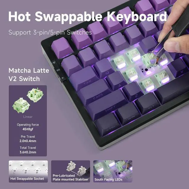 Alt view image 5 of 7 - G75 PRO 75% Wireless Mechanical Keyboard, TKL Keyboards Tri-Mode BT5.0/2.4GHz/USB-C, Hot Swap Custom Creamy Keyboards Linear Switch, Double Shot PBT Keycaps RGB LED Backlit, Black&Purple