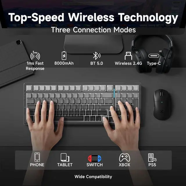 Alt view image 2 of 7 - G98 PRO Wireless Mechanical Keyboard, Tri-Mode Connection Gaming Keyboard, Hot Swappable Custom Gasket Structure Pre-lubed Linear Switches Double Shot PBT Keycaps RGB LED Backlit Gradient Black