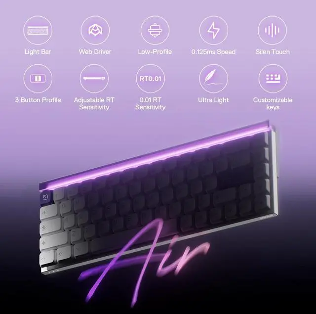 Alt view image 2 of 7 - MelGeek MADE68 Air Wired Keyboard, Hall Effect Magnetic Switch Low-Profile Gaming Keyboard, 65% Compact Rapid Trigger, Hot-Swappable, RGB Snap Tap & Adjustable Actuation, Online HIVE Custom (Purple)
