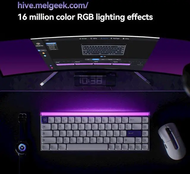Alt view image 3 of 7 - MelGeek MADE68 Air Wired Keyboard, Hall Effect Magnetic Switch Low-Profile Gaming Keyboard, 65% Compact Rapid Trigger, Hot-Swappable, RGB Snap Tap & Adjustable Actuation, Online HIVE Custom (Purple)
