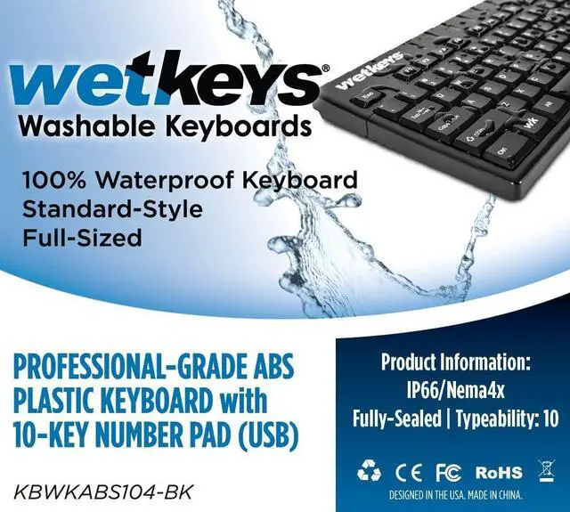 Alt view image 2 of 7 - Wetkeys KBWKABS104-BK Pro Full-Size Waterproof Keyboard with 10-Key Number-Pad