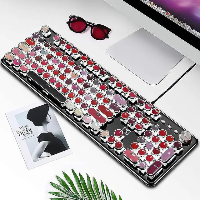 Alt view image 3 of 6 - Basaltech Keyboard Typewriter Style with White LED Backlight,Vintage Mechanical Gaming Keyboard with Lipstick Round Keycaps, Blue Switches 104-Keys Wired Keyboard Metal Panel for Laptop/pc