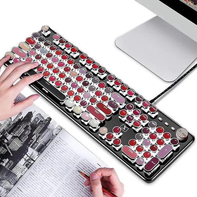 Alt view image 4 of 6 - Basaltech Keyboard Typewriter Style with White LED Backlight,Vintage Mechanical Gaming Keyboard with Lipstick Round Keycaps, Blue Switches 104-Keys Wired Keyboard Metal Panel for Laptop/pc