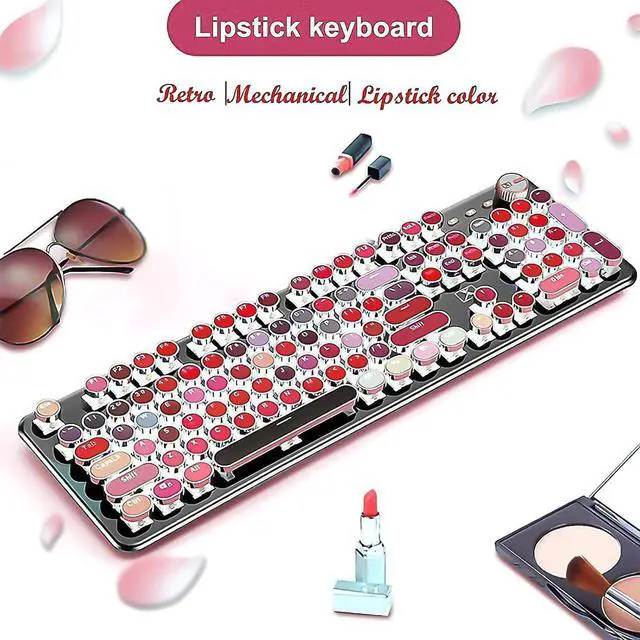 Alt view image 5 of 6 - Basaltech Keyboard Typewriter Style with White LED Backlight,Vintage Mechanical Gaming Keyboard with Lipstick Round Keycaps, Blue Switches 104-Keys Wired Keyboard Metal Panel for Laptop/pc