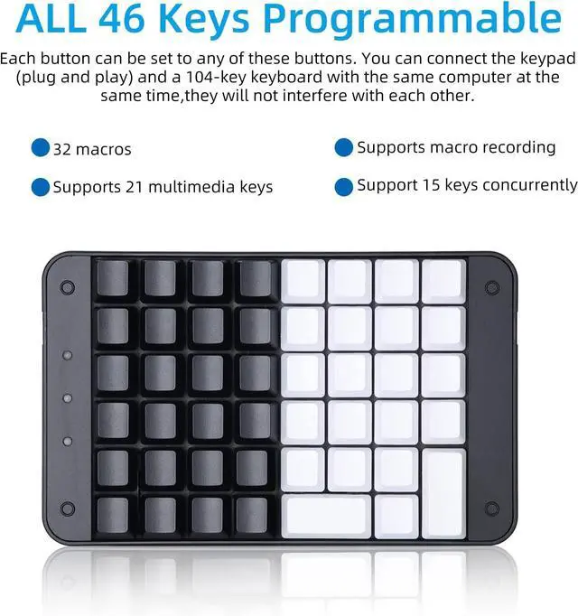 Alt view image 4 of 7 - Koolertron One Handed Mechanical Gaming Keyboard with 32 Macro Keys, 46-Key Fully Programmable Mini Keypad, Mini USB Macro Keyboard for PC Gamers