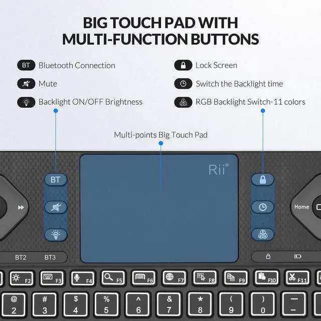 Alt view image 3 of 7 - Rii K16 Bluetooth Keyboard with Touch Pad, Rechargeable with RGB Backlit,Multimedia Compact Keyboard for Android TV,Projector,HTPC,Smart TV,Tablet,iPad,PC,Laptop
