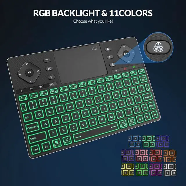 Alt view image 4 of 7 - Rii K16 Bluetooth Keyboard with Touch Pad, Rechargeable with RGB Backlit,Multimedia Compact Keyboard for Android TV,Projector,HTPC,Smart TV,Tablet,iPad,PC,Laptop