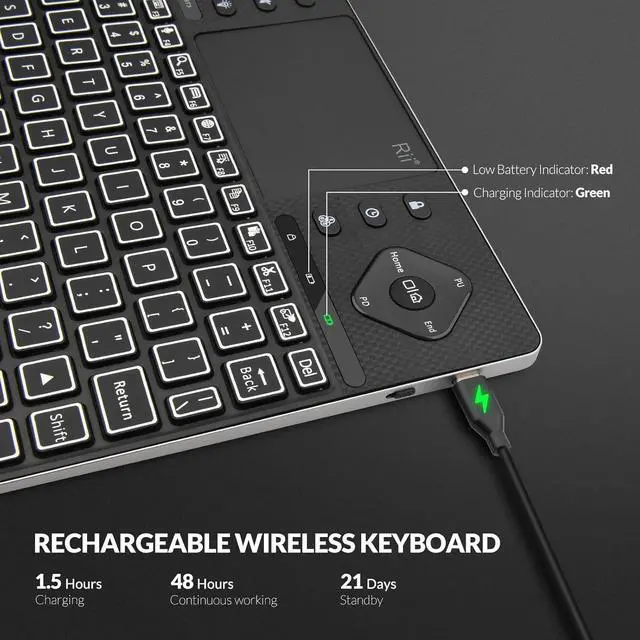 Alt view image 7 of 7 - Rii K16 Bluetooth Keyboard with Touch Pad, Rechargeable with RGB Backlit,Multimedia Compact Keyboard for Android TV,Projector,HTPC,Smart TV,Tablet,iPad,PC,Laptop