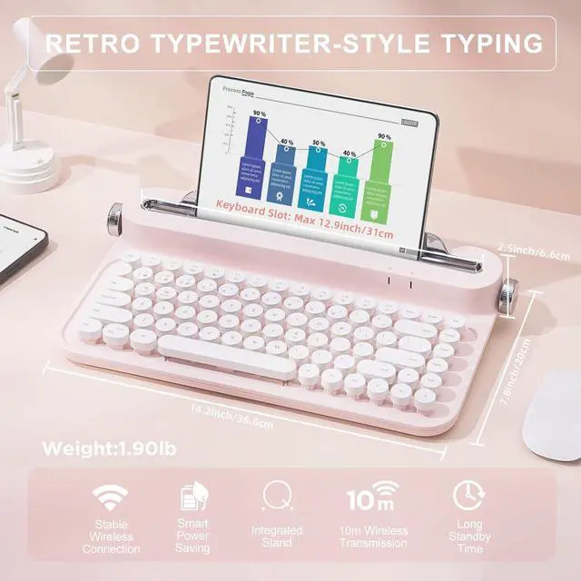 Alt view image 2 of 7 - YUNZII ACTTO B305 Wireless Keyboard, Retro Bluetooth Typewriter Keyboard with Integrated Stand for Multi-Device (Baby Pink, B305)