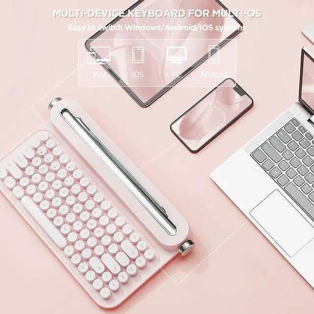 Alt view image 3 of 7 - YUNZII ACTTO B305 Wireless Keyboard, Retro Bluetooth Typewriter Keyboard with Integrated Stand for Multi-Device (Baby Pink, B305)