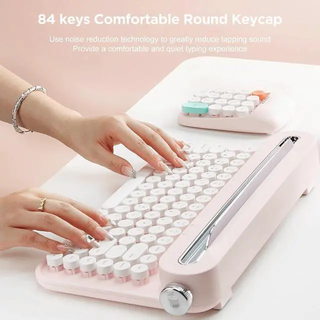 Alt view image 4 of 7 - YUNZII ACTTO B305 Wireless Keyboard, Retro Bluetooth Typewriter Keyboard with Integrated Stand for Multi-Device (Baby Pink, B305)
