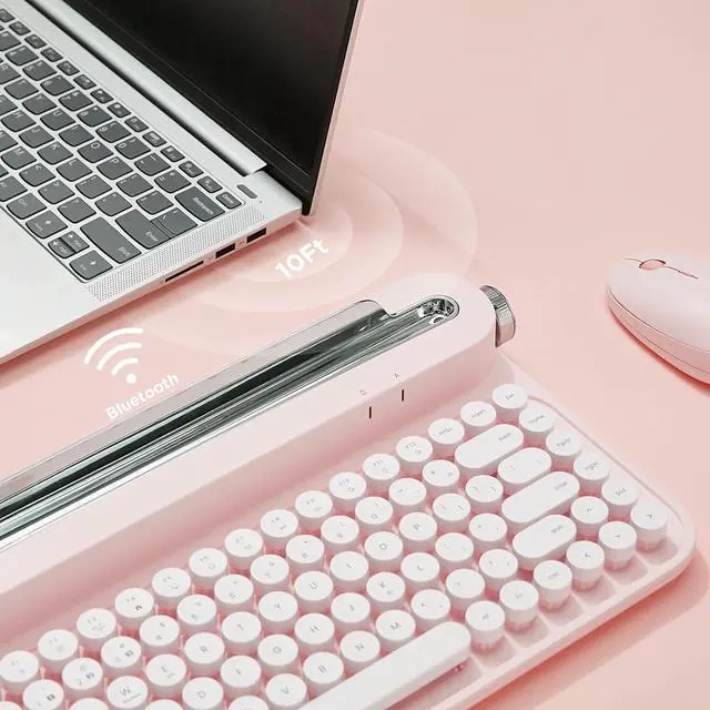 Alt view image 5 of 7 - YUNZII ACTTO B305 Wireless Keyboard, Retro Bluetooth Typewriter Keyboard with Integrated Stand for Multi-Device (Baby Pink, B305)